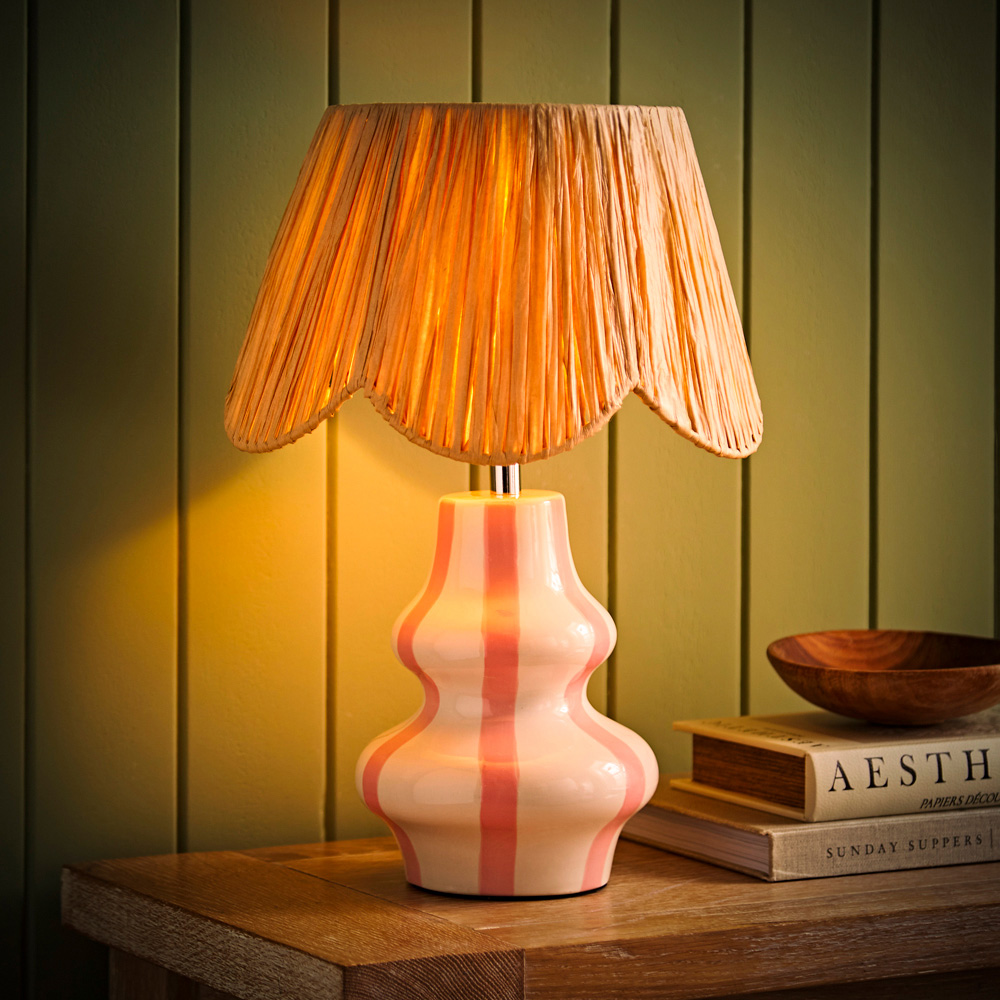 ValueLights Perrie Raffia Lamp Shade Ceramic Pink Stripe LED Table Lamp Image 2