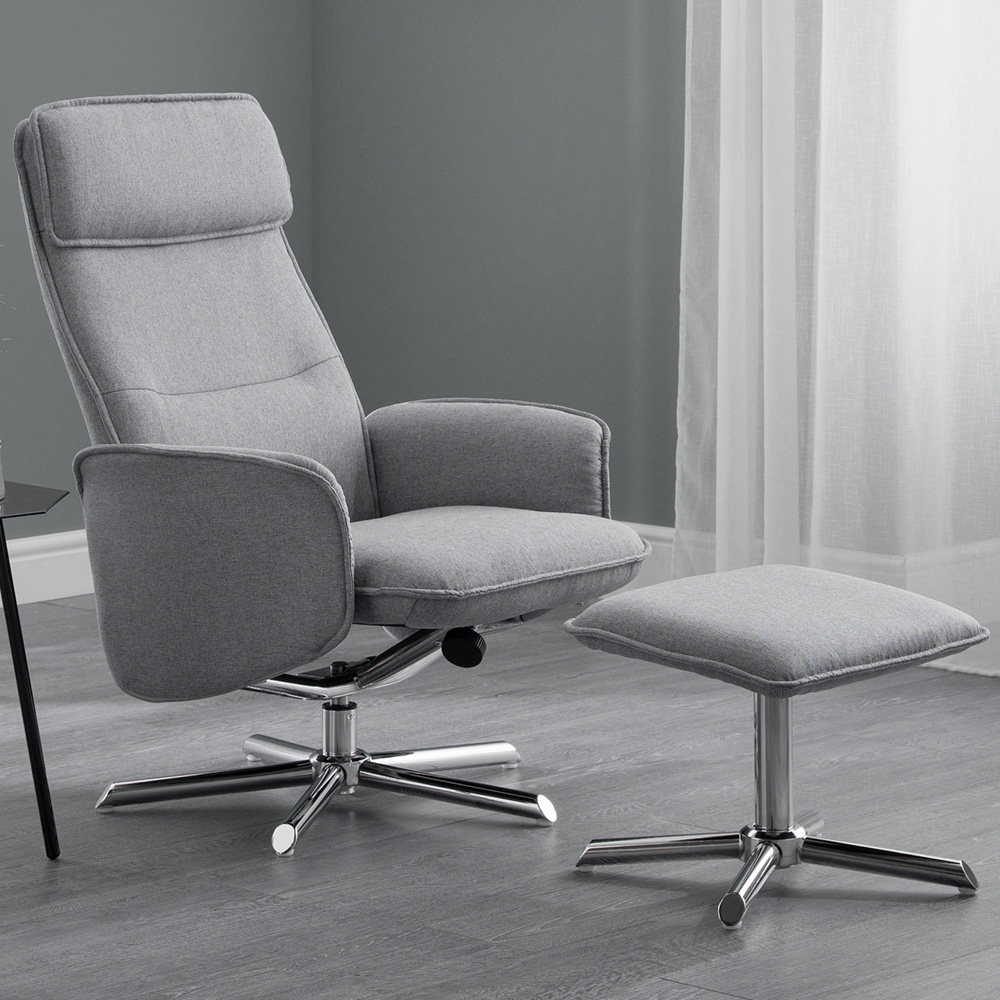 Julian Bowen Aria Grey Linen Swivel Recliner Chair and Stool Image 1