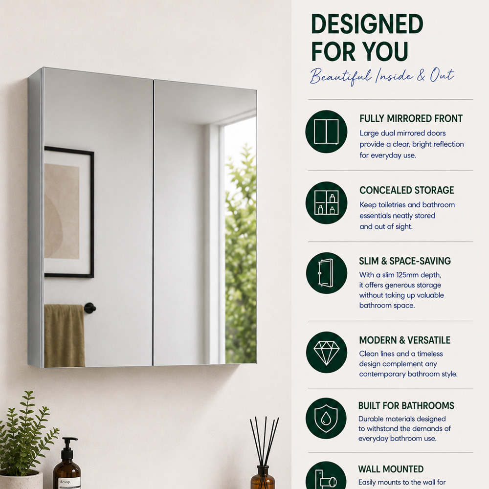 Go Bathrooms Neon 2 Door Mirrored Wall Cabinet 600mm Image 5