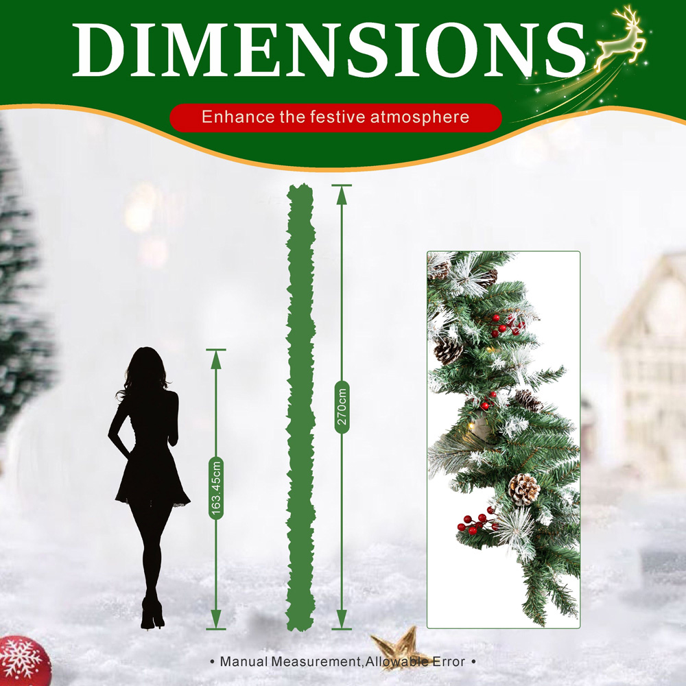 Abrihome 50 Warm White LED Snow-Dusted Artificial Christmas Garland with Pinecones and Berries 270cm Image 9