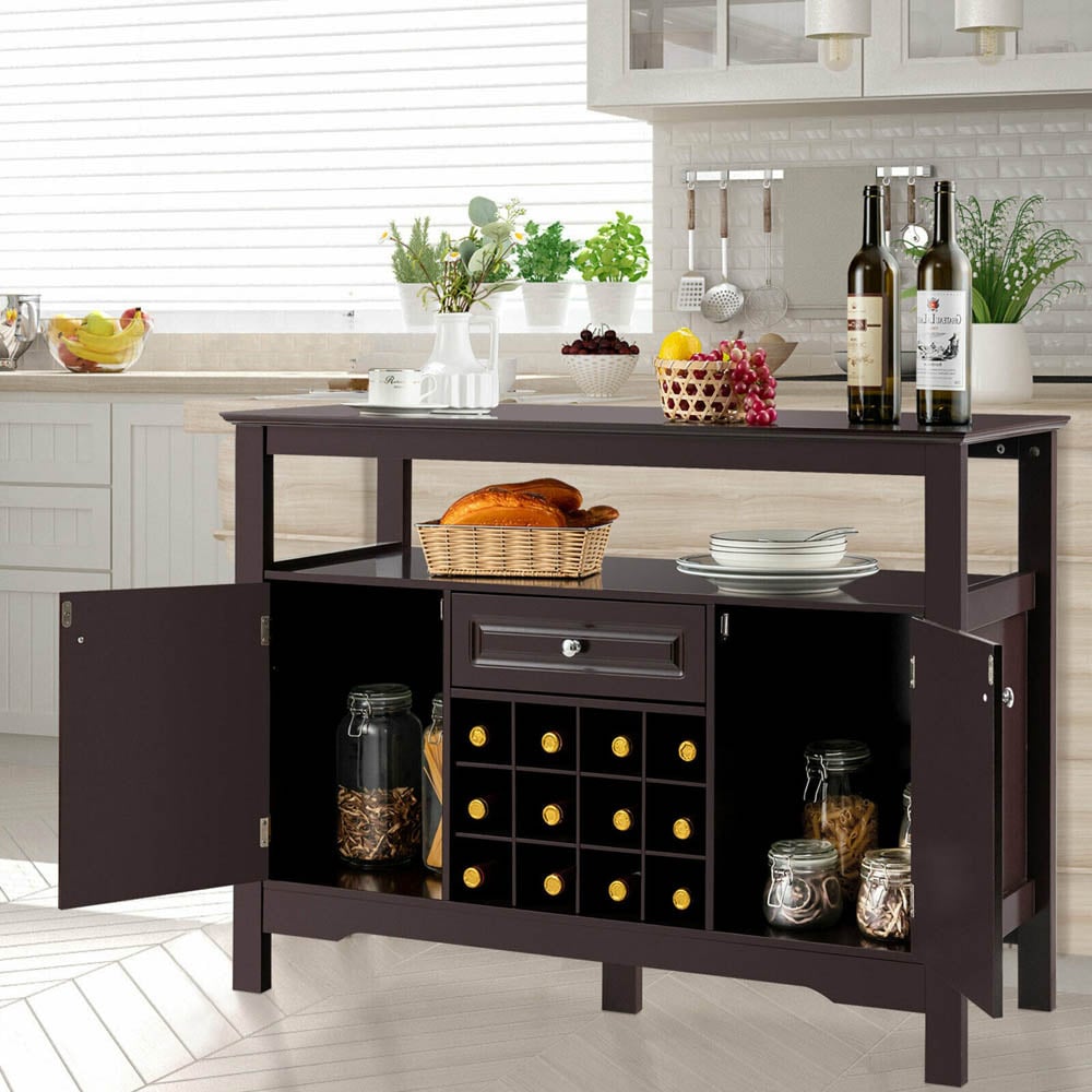 Costway 2 Door Single Drawer Brown Sideboard with 12 Wine Rack Image 4