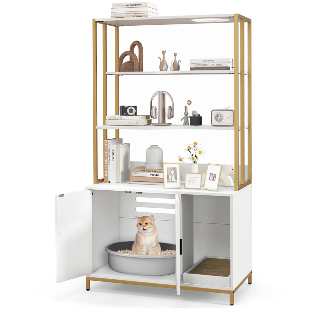 Costway White Cat Litter Box with Shelves Image 1