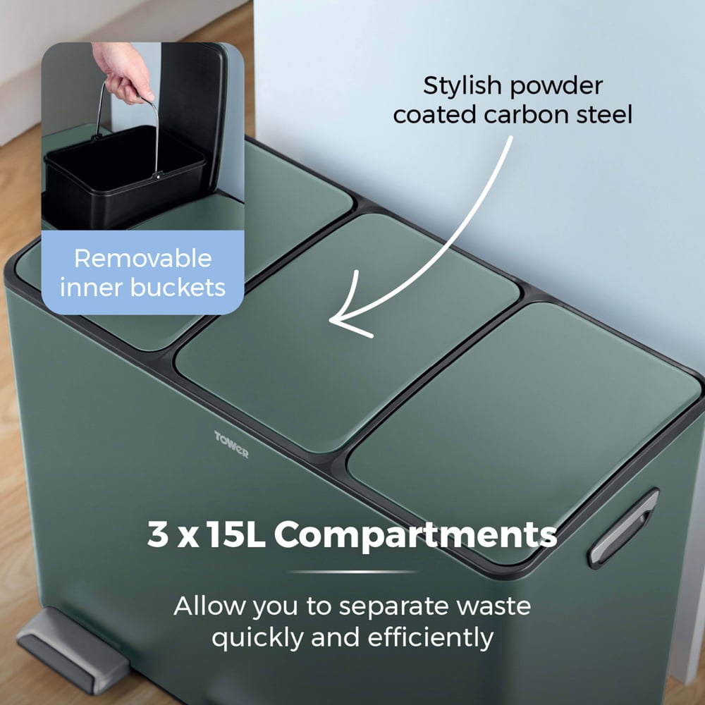 Tower Triple Recycling Green Pedal Bin 45L Image 5