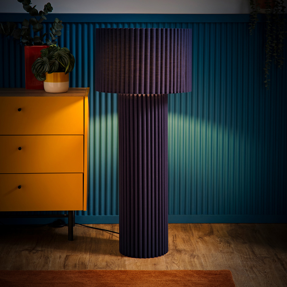 ValueLights Lenny Navy Blue Drum Lamp Shade Ribbed Fabric Midi LED Floor Lamp Image 6