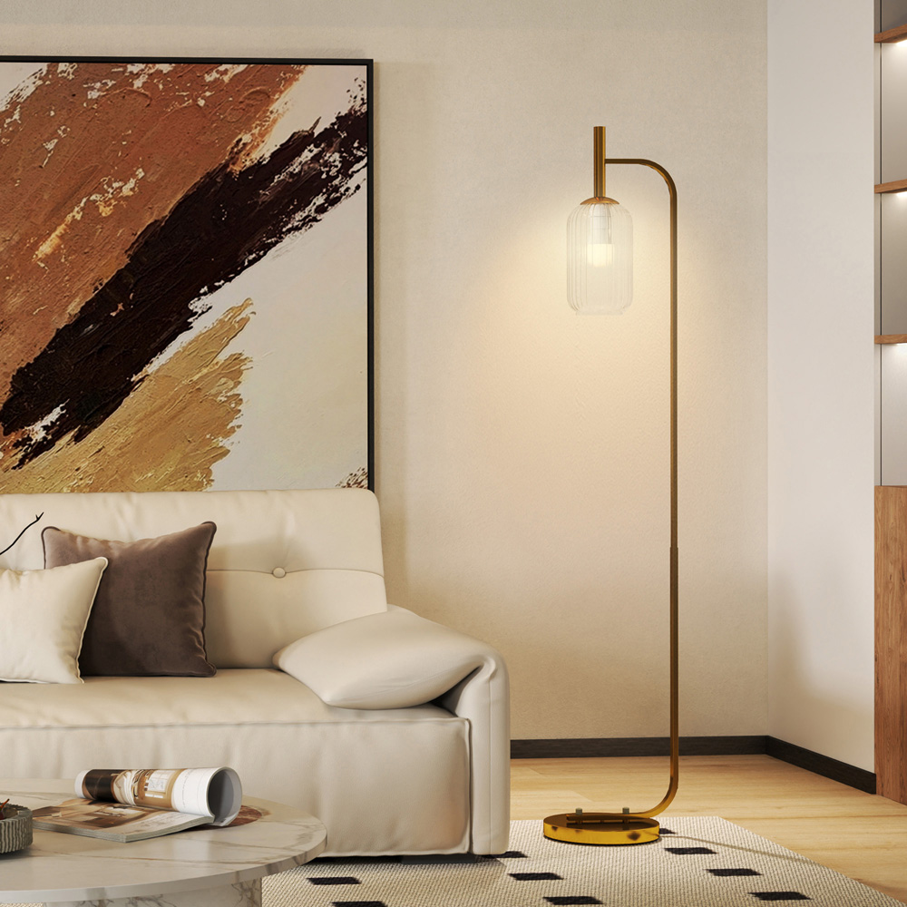 HOMCOM Glass Lampshade Gold Floor Lamp with Foot Switch Image 2