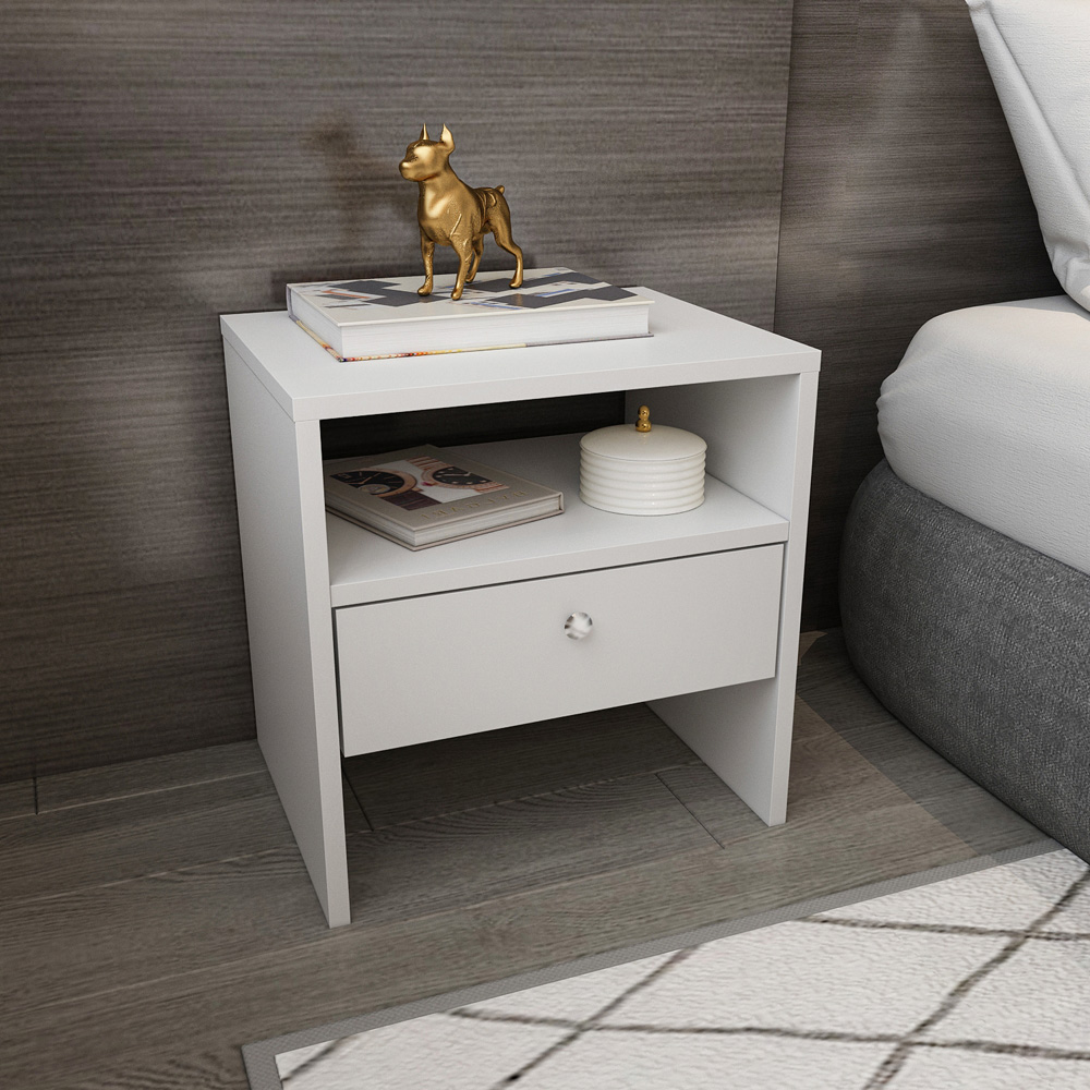 Decorotika Nova Single Drawer Single Shelf White Bedside Table Image 5