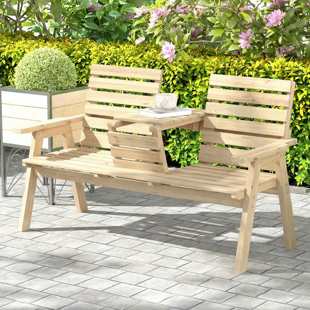 Outsunny 3 Seater Natural Wooden Convertible Garden Bench with Centre Table Image 1