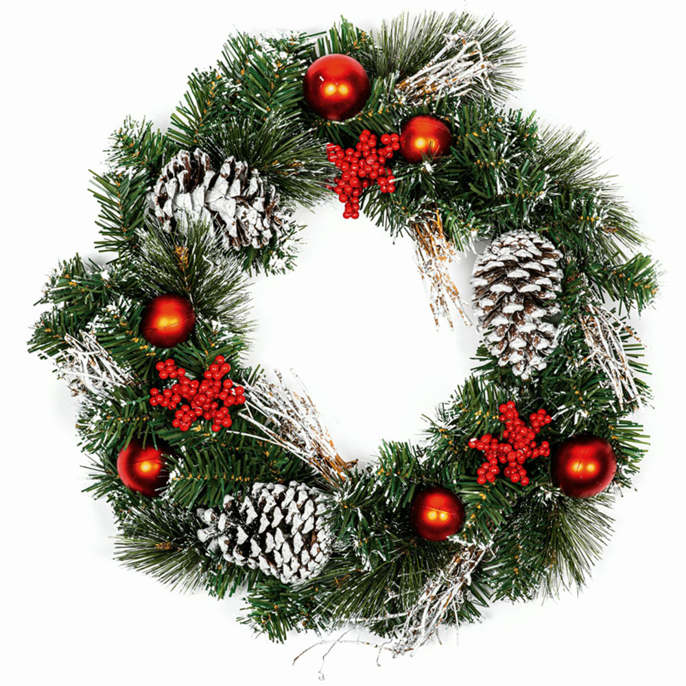 Premier Red Dressed Christmas Wreath with Baubles Bows and Pinecones 40cm Image 1