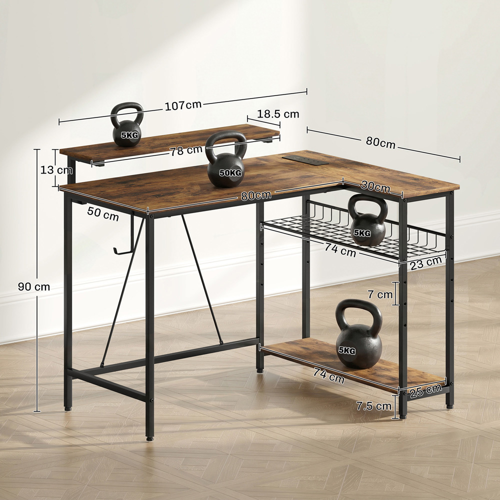 HOMCOM 3 Shelf L-Shaped Office Desk with LED Rustic Brown Image 8