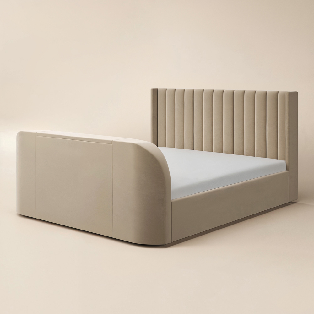 Flair Fallon King Size Beige Velvet TV Side Lift Ottoman Bed Image 2