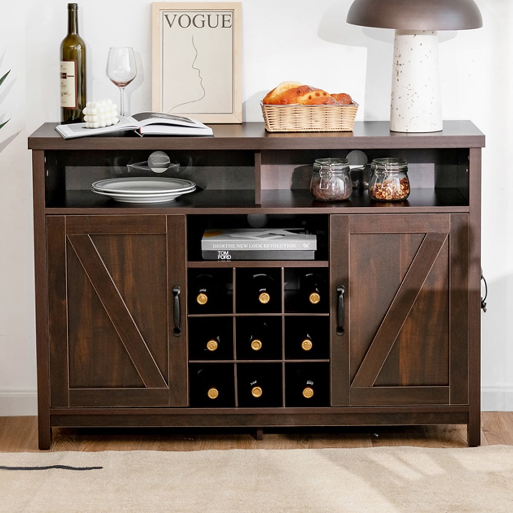 Costway 2 Door 2 Shelf Dark Brown Buffet Storage Cabinet with Detachable Wine Rack Image 1
