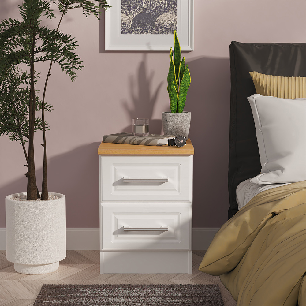 Crowndale Kent 2 Drawer White Ash and Modern Oak Compact Bedside Cabinet Ready Assembled Image 7