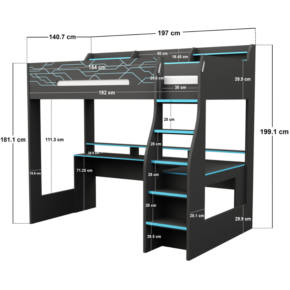 Recoil Ultimate Small Double Charcoal and Neon Blue Gaming High Sleeper Bed with LED Image 7