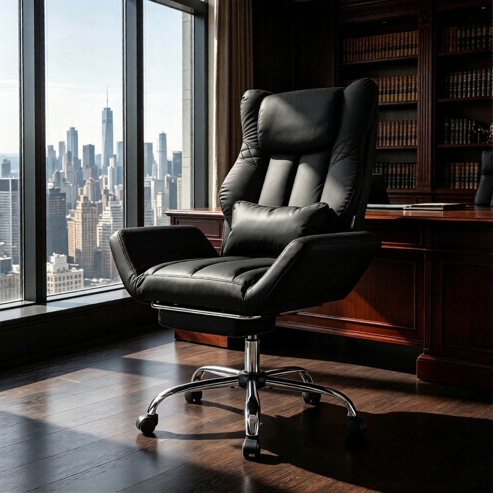 Living and Home Black Cross-Legged Office Chair with Adjustable Headrest and Footrest Image 7