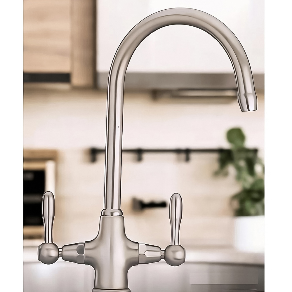 Piralla Swan Antique Brushed Nickel Solid Metal Twin Lever Swivel Spout Kitchen Tap Image 2