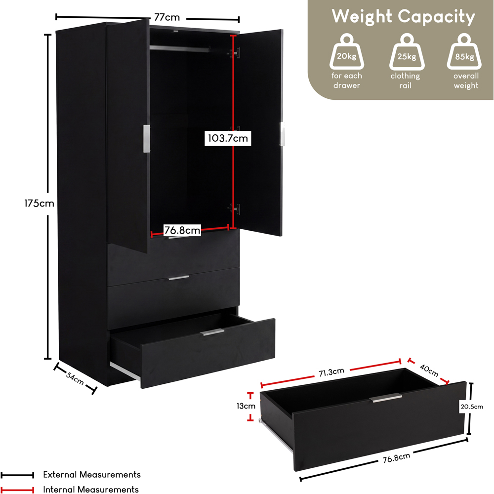 VIDA DESIGNS Trega 2 Door 3 Drawer Black Wardrobe Image 9