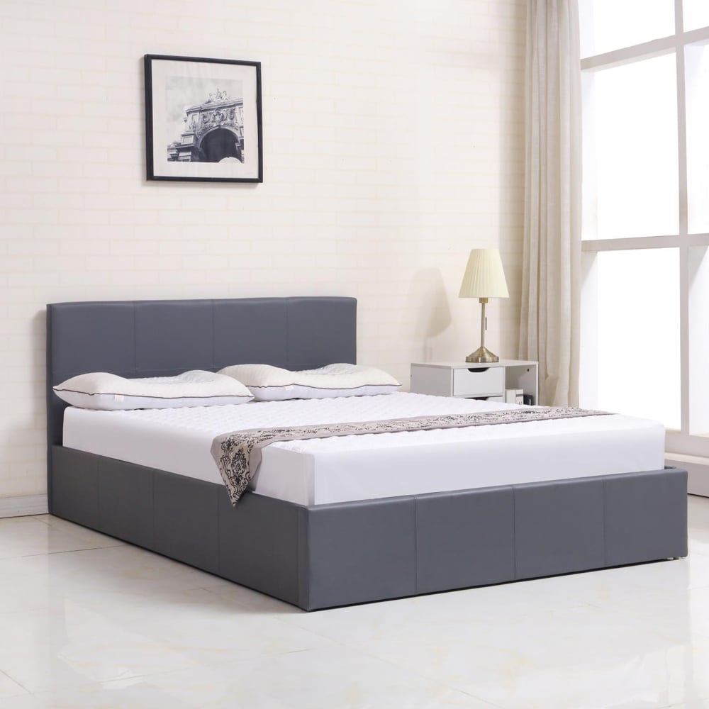 Portland Single Grey Leather Ottoman Bed with Mattress Image 1