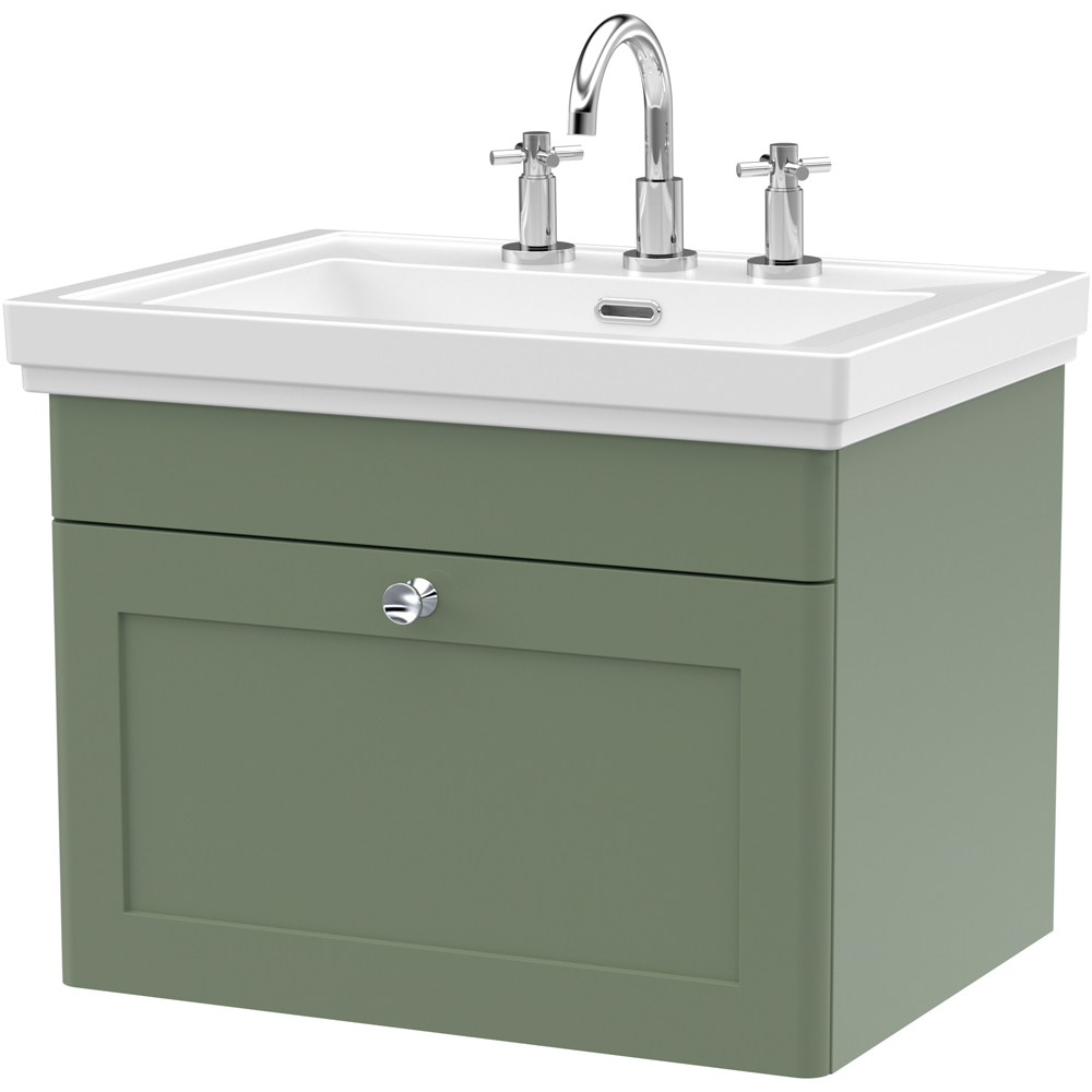 nuie Classique Single Drawer Satin Green Wall Hung Vanity Unit and 3 Tap Hole Fireclay Basin 600mm Image 1