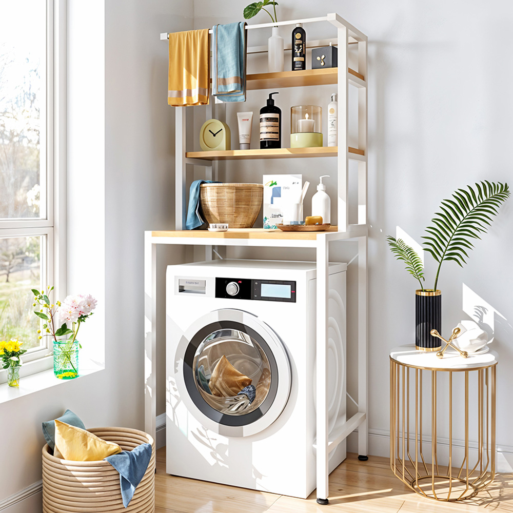 Living and Home 3 Shelf White Over Washing Machine Storage Shelf with Towel Bar Image 1