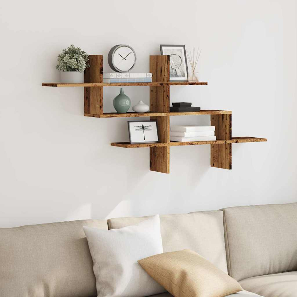 vidaXL 8 Shelf Brown Old Wood Effect Floating Wall Shelf Image 2