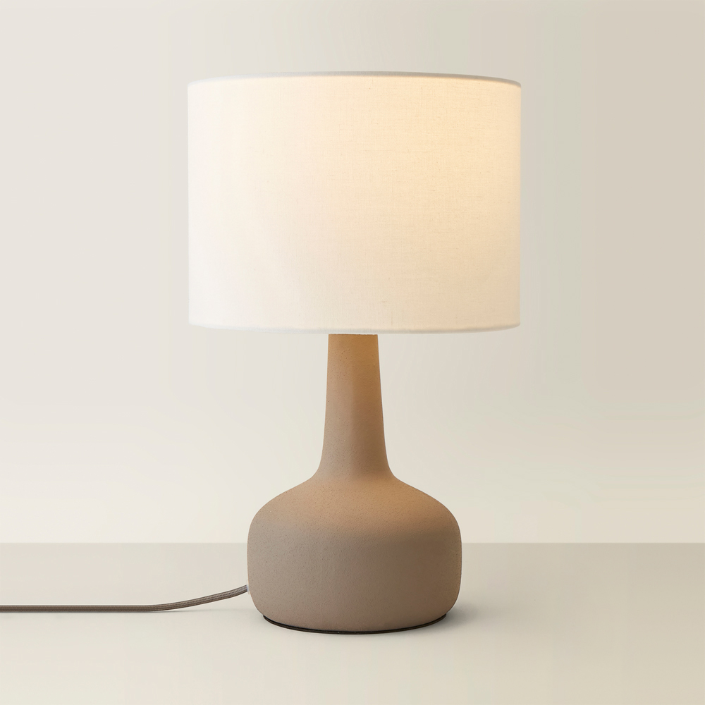 ValueLights Hayley Natural Linen Drum Shade Grey Squat Base Ceramic LED Table Lamp Image 5