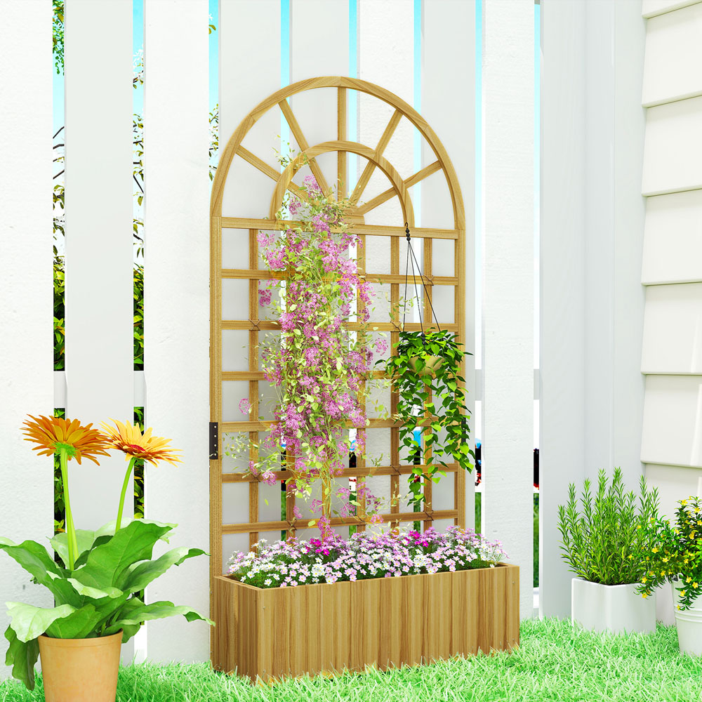 Outsunny Natural Wooden Raised Garden Bed with Lattice Trellis 180 x 30 x 90cm Image 2