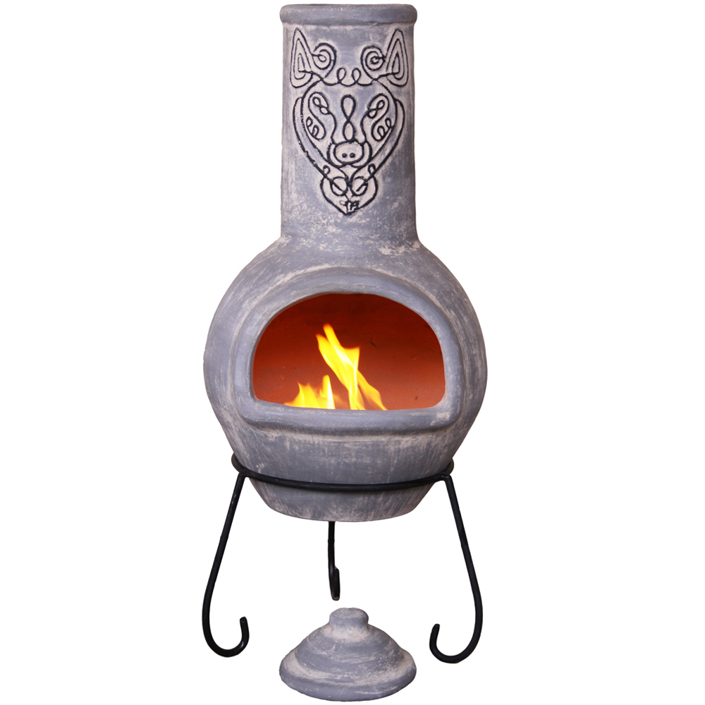 Gardeco Wulfryc Celtic Theme Wolf Grey Mexican Chimenea with Stand and Lid Image 1