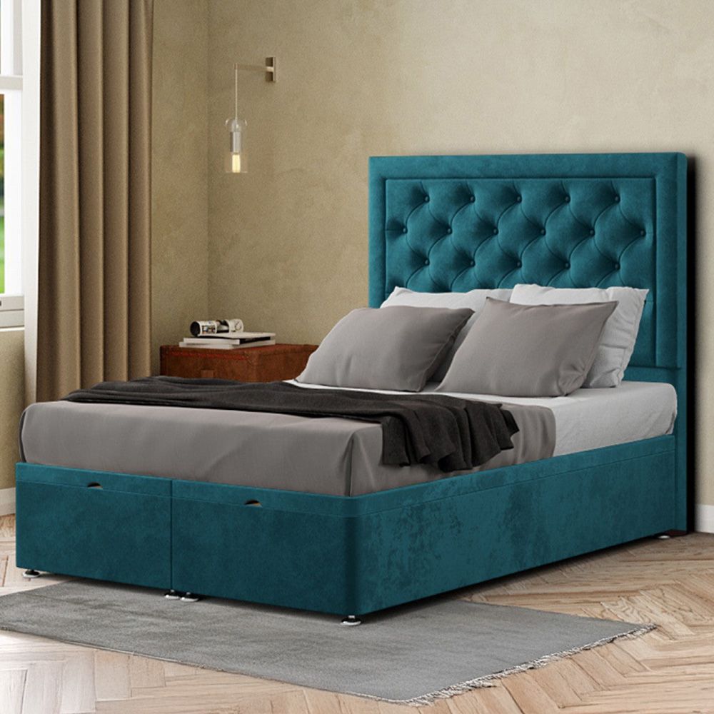 Eleganza Castle Small Double Emerald Plush Ottoman Bed with Floor Standing Headboard Image 1