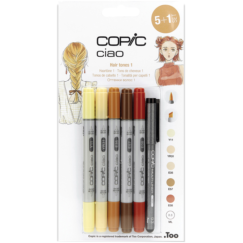 Copic Ciao Hair Tones 1 Marker Pen with Multiliner 6 Pack Image