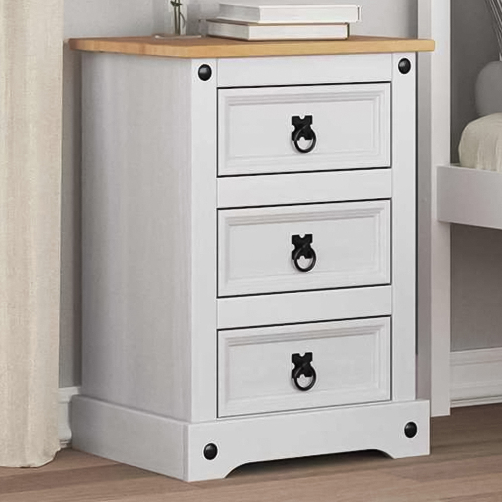 vidaXL Corona 3 Drawer White Solid Pine Wood Wide Bedside Table Image 1
