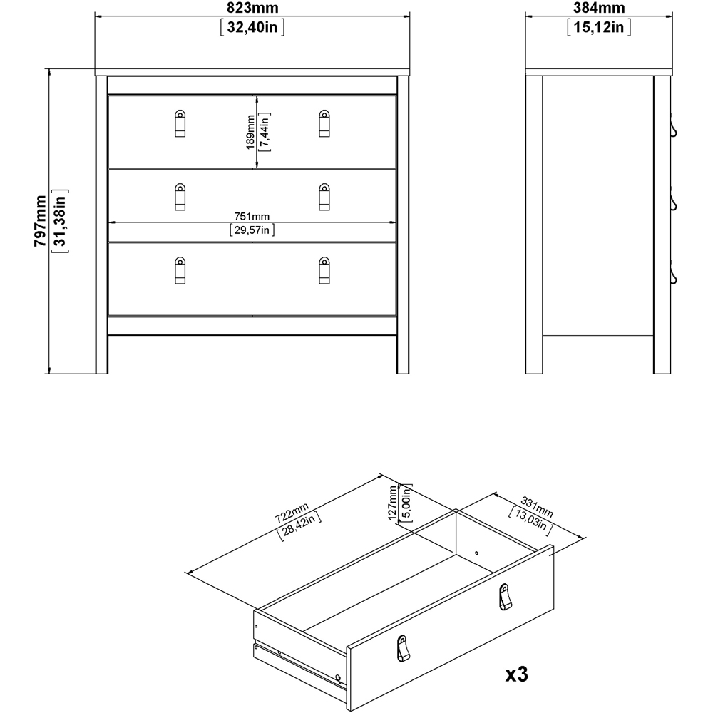 Florence Madrid 3 Drawer Cashmere Chest of Drawers Image 7