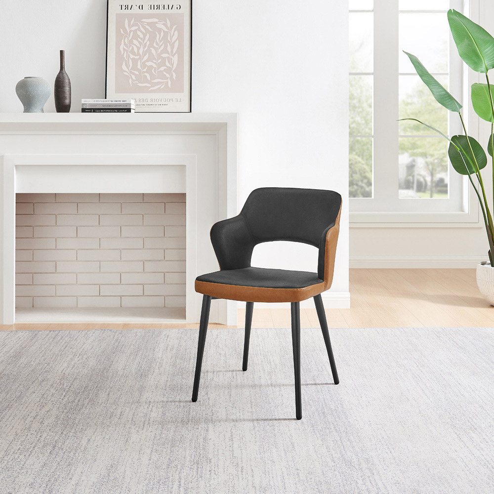 Furniturebox Koda Set of 2 Black and Tan Velvet Faux Leather Dining Chair Image 5