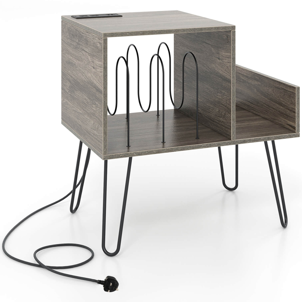 Costway Grey Record Player Stand with Power Outlet and Removable Dividers Image 2
