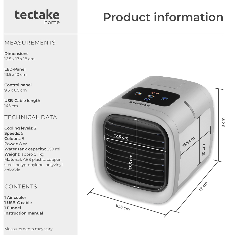 tectake Frosty Grey Portable Air Cooler 250ml Image 8