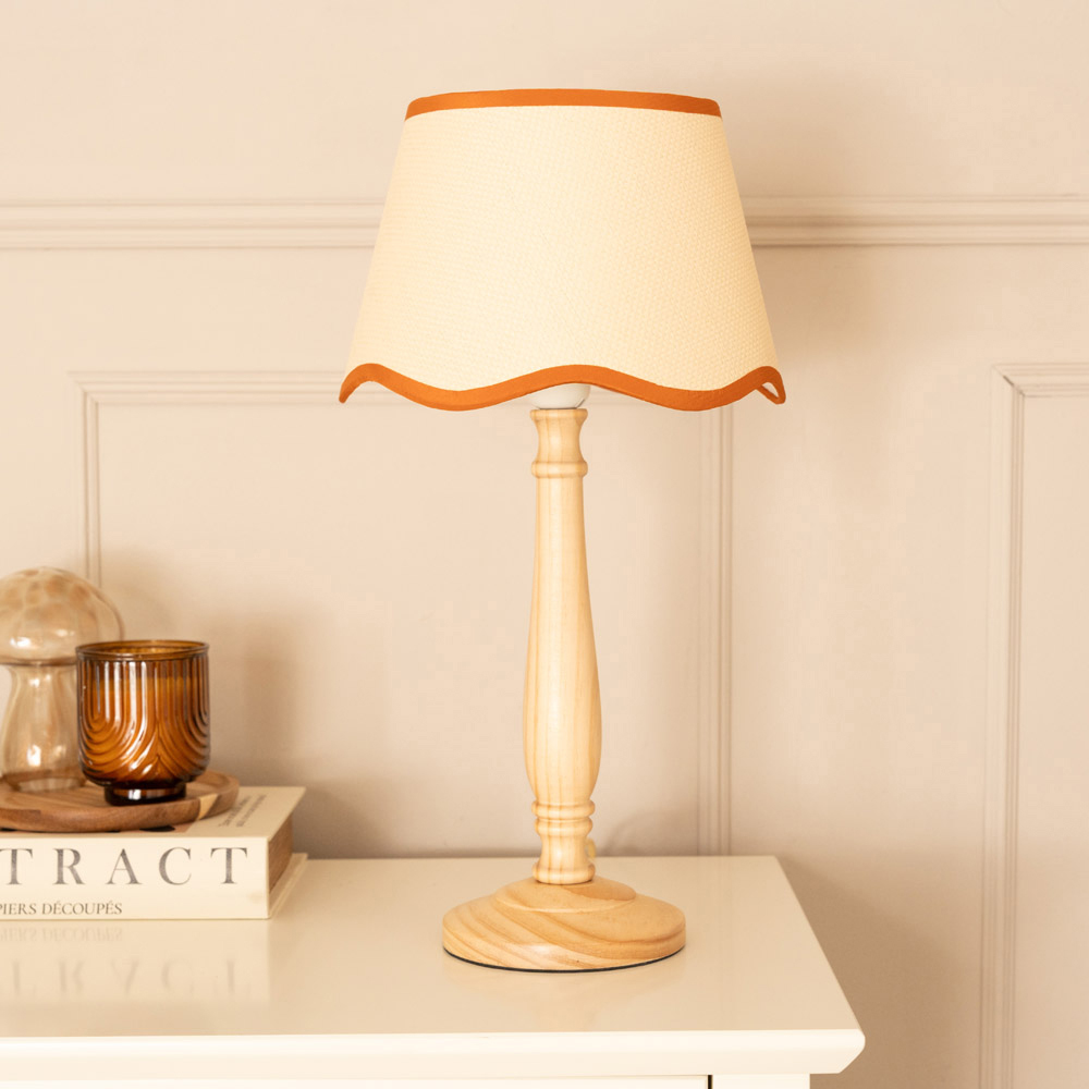 ValueLights Victoria Linen Scallop Rust Edge Shade Light Wood Table Lamp Image 4