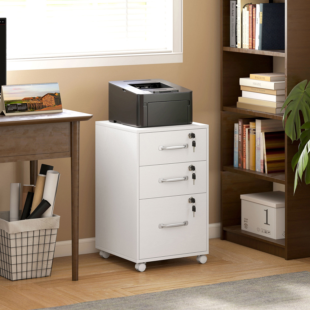 Portland 3 Drawer White Mobile Lockable Filing Cabinet with Keys Image 4
