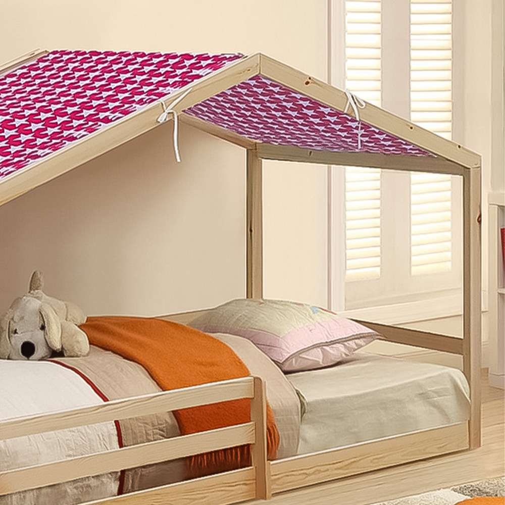 Brooklyn Single Natural Wooden House Style Bed with Red Tent Image 2