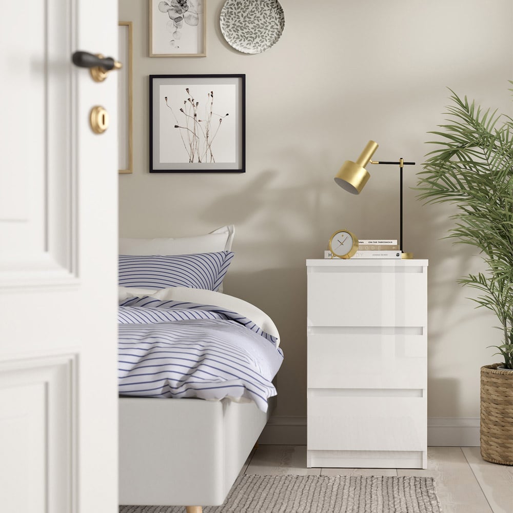 Florence 3 Drawer White High Gloss Bedside Table Image 6