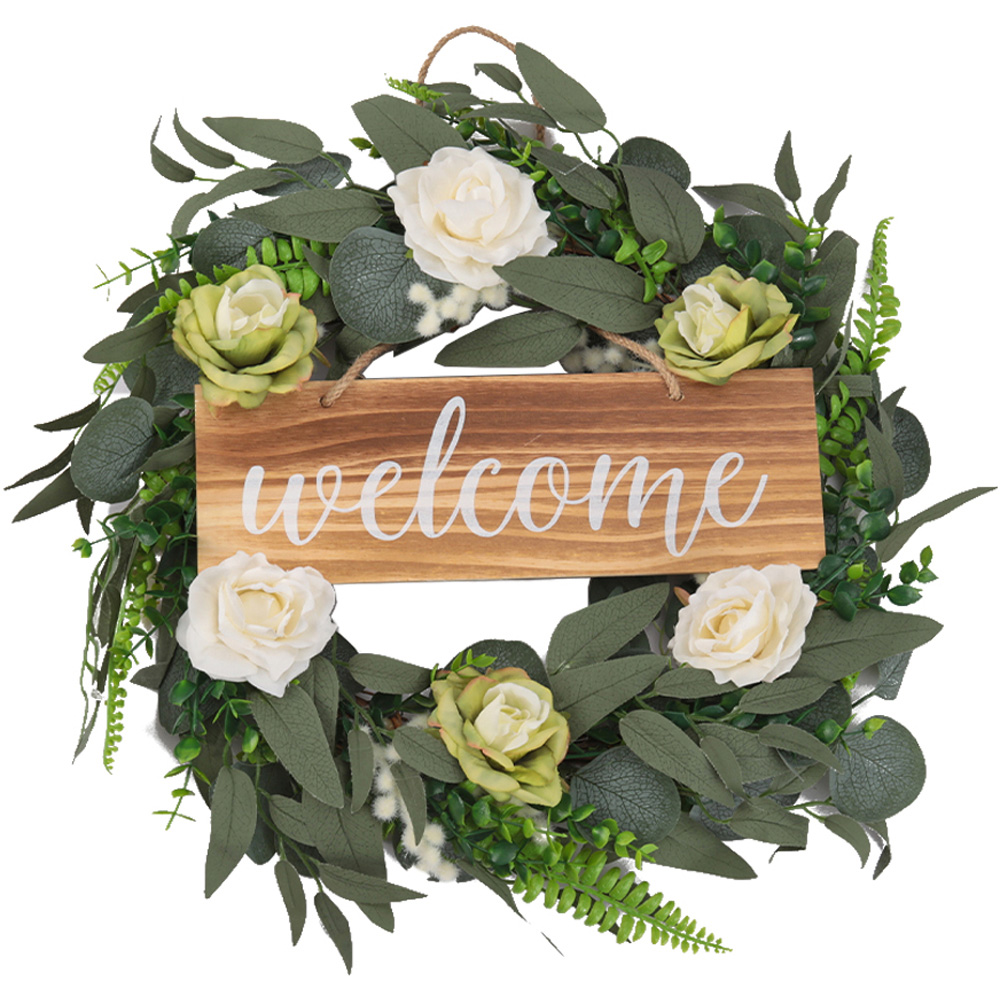 Living and Home Green and White Artificial Rose Wreath with Welcome Sign 45cm Image 1