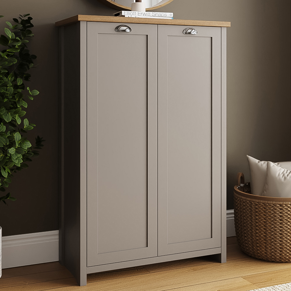 GFW Lancaster 2 Door Grey and Oak Tall Shoe Cabinet Image 1