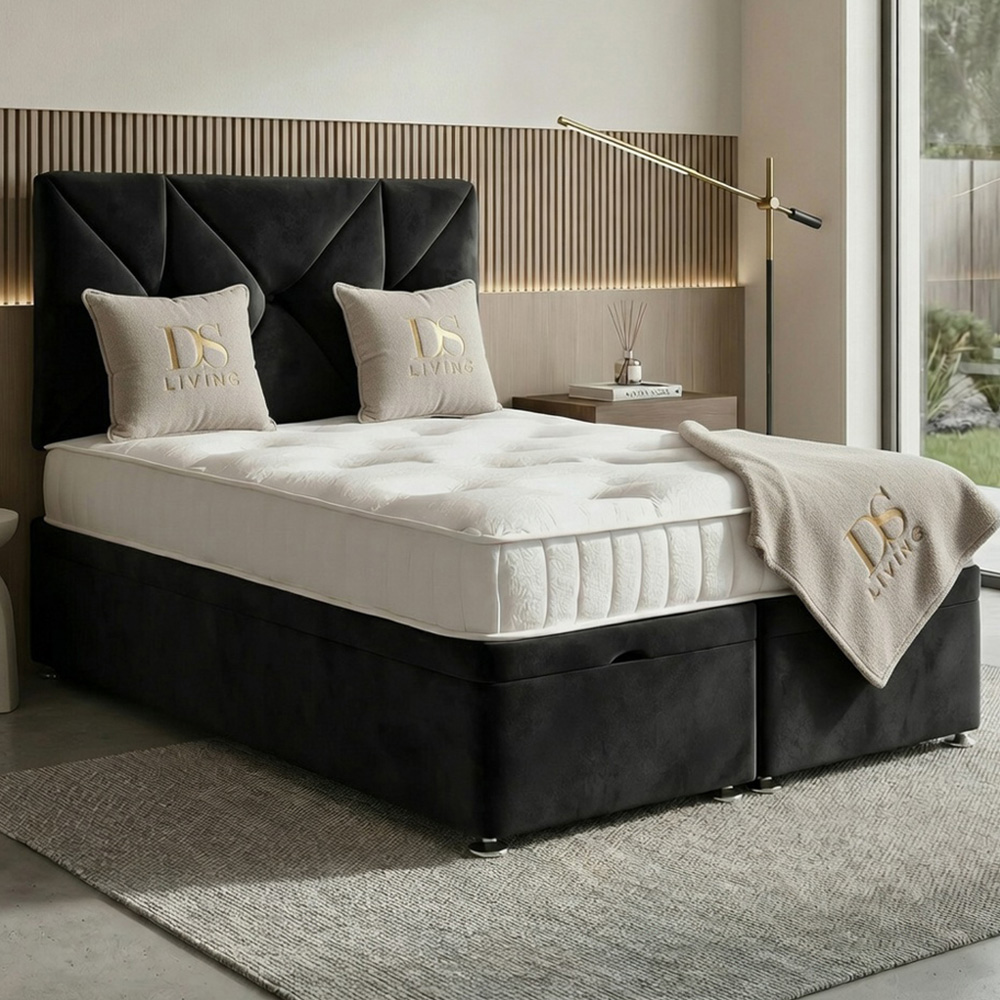 DS Living Eclipse Super King Size Black Plush Velvet Ottoman Bed Image 1