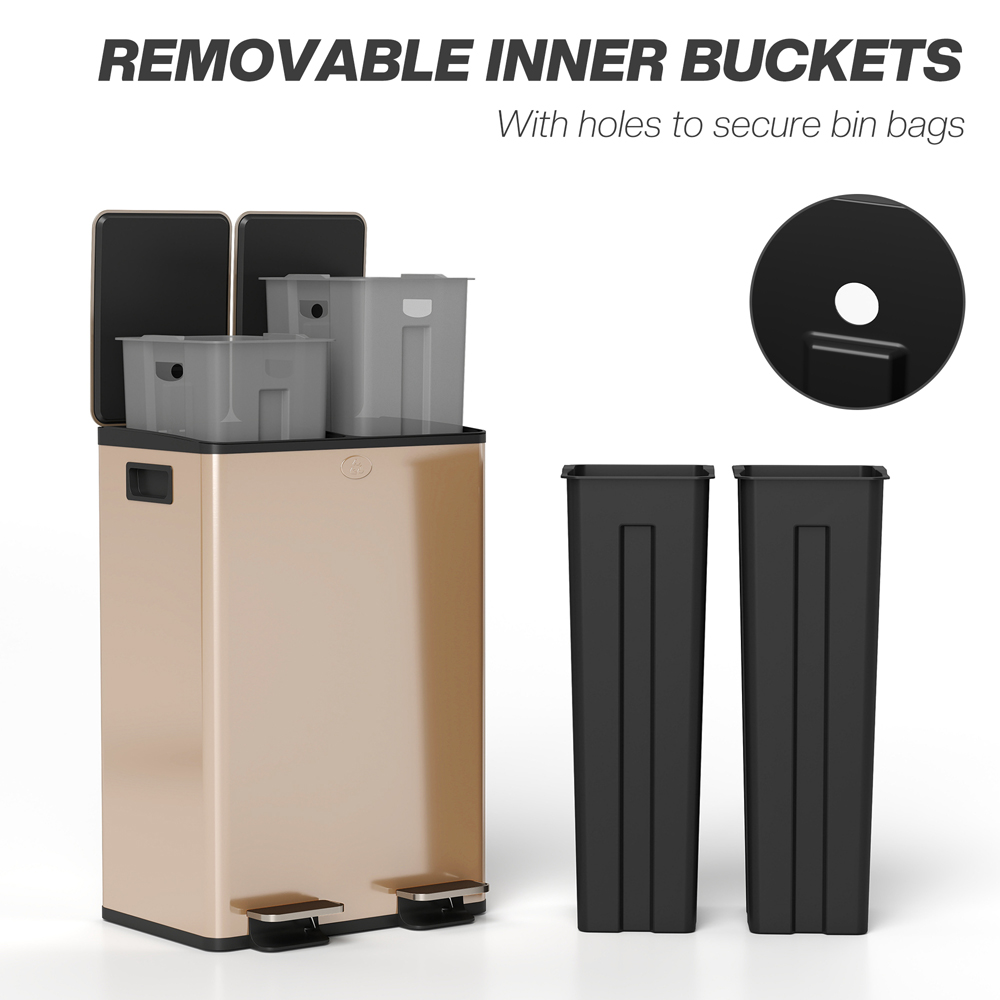 HOMCOM Gold Tone Stainless Steel Double Pedal Bin with Soft-Close Lid 56L Image 7