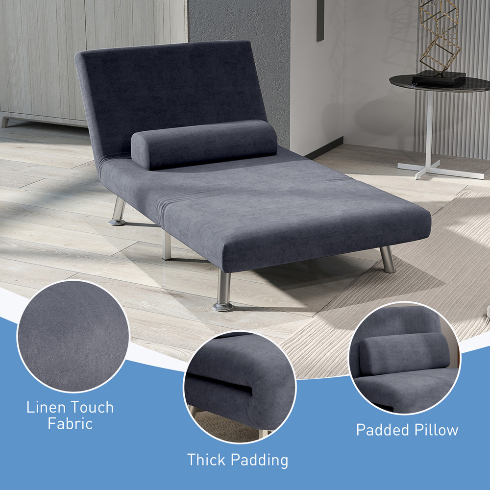 HOMCOM Single Charcoal Grey Velvet Chair Bed with Adjustable Backrest Image 7