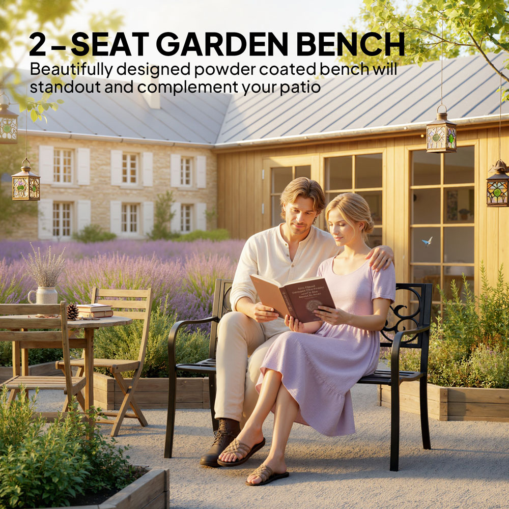 Outsunny 2 Seater Black Floral Back Metal Garden Bench Image 8