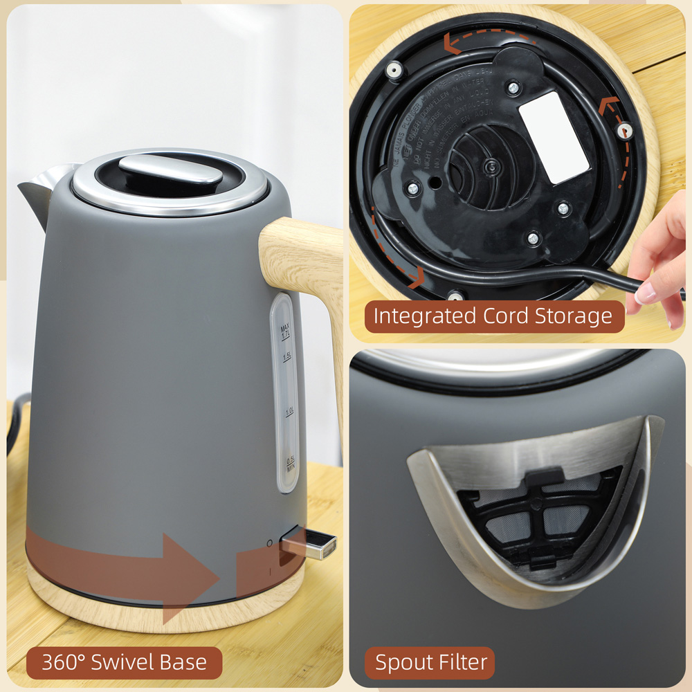 HOMCOM 800-234V70GY Grey 1.7L Electric Fast Boil Kettle and 2 Slice Toaster Set Image 3