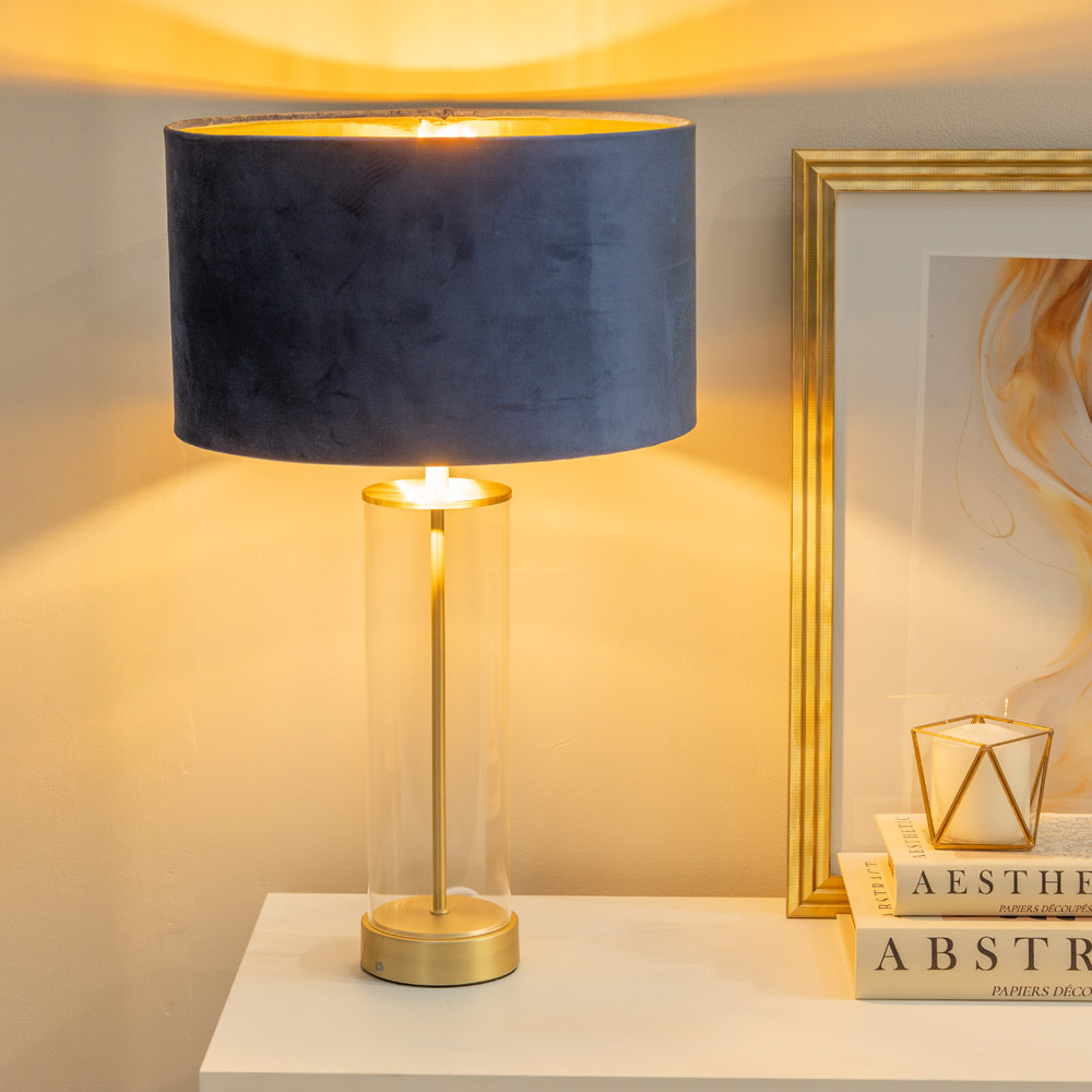 ValueLights Balan Gold Glass LED Table Lamp with Navy Blue and Gold Velvet Lamp Shade Image 3