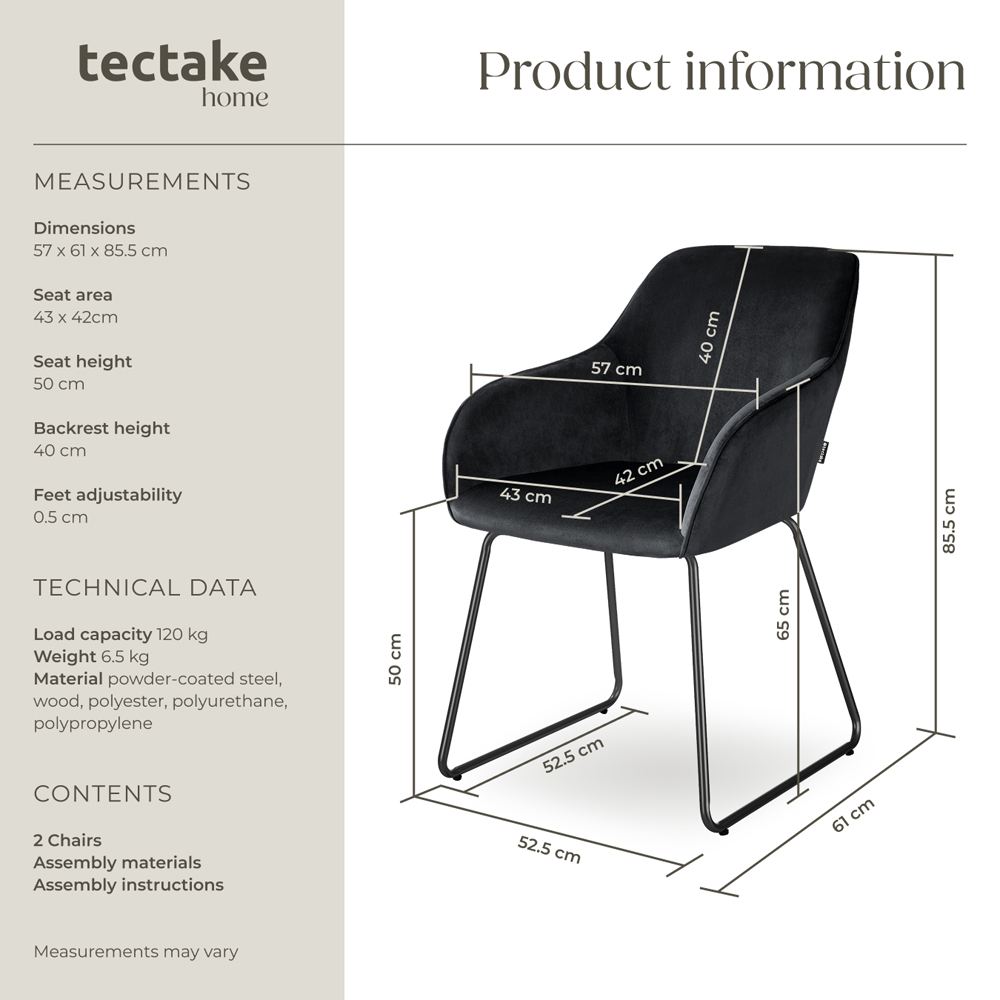 tectake Jeane Set of 2 Black Velvet Look Dining Chair Image 9