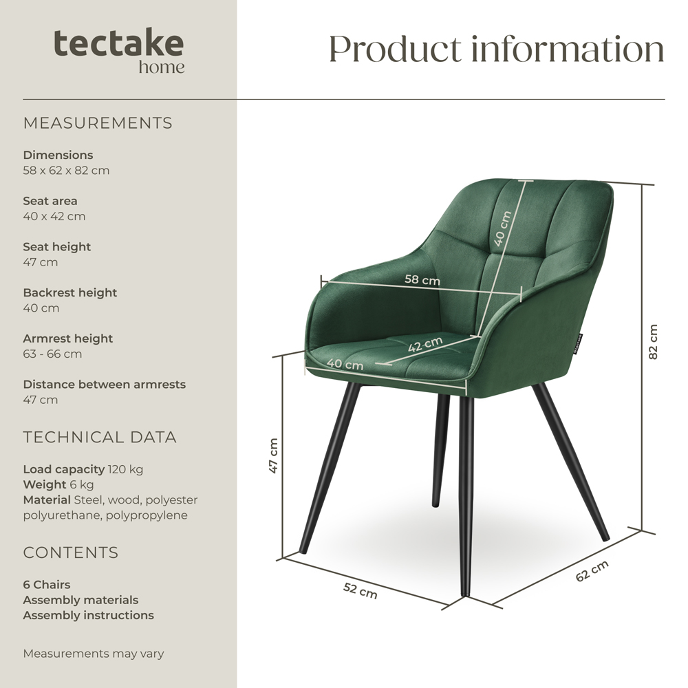 tectake Marilyn Set of 6 Dark Green and Black Quilted Velvet Dining Chair Image 9