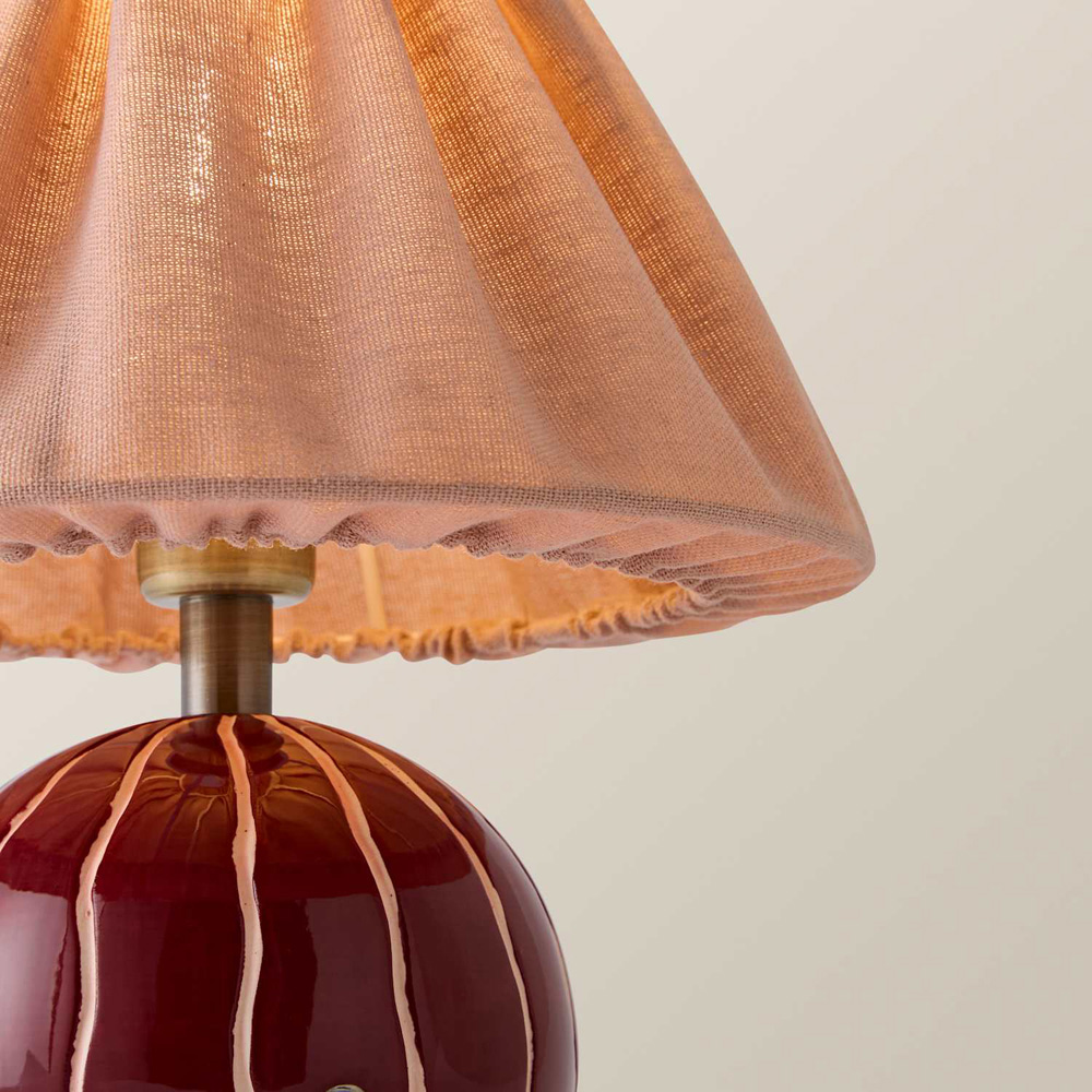 ValueLights Elma Pleated Linen Burgundy Stripe Ceramic Rechargeable Table Lamp Image 4