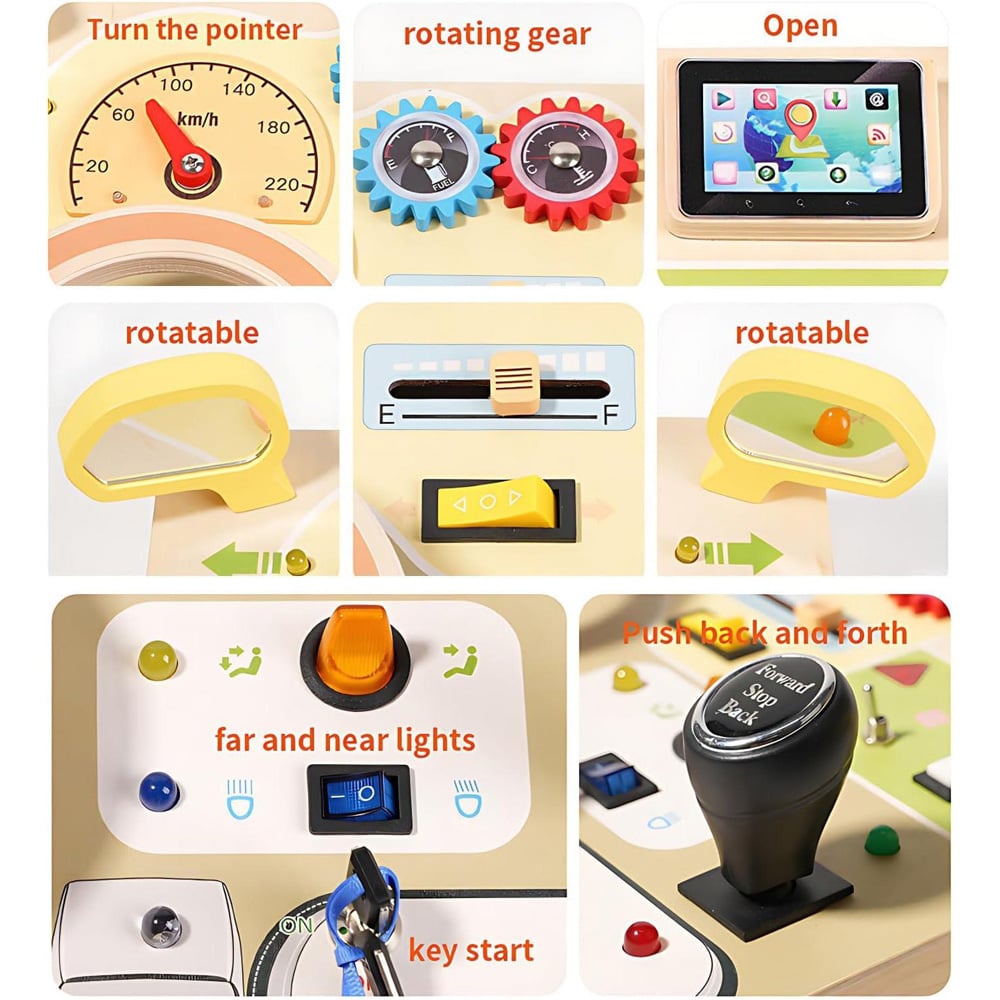 Dyzi Toddlers Montessori Busy Board Wooden Steering Wheel Sensory Toy Image 5
